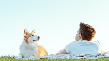 A boy and a dog relaxing together in a serene outdoor setting.