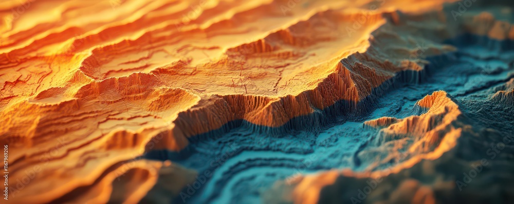 Poster a vibrant 3d topographical representation showcasing intricate landforms with contrasting colors of 