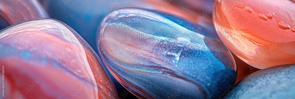 Poster close-up of smooth, polished stones with red and blue hues, showing intricate textures and color var