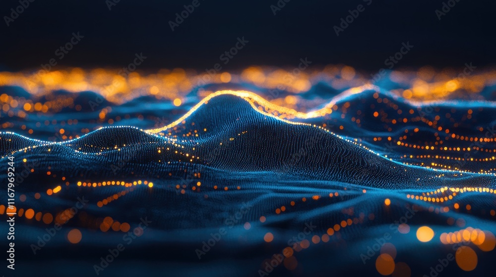 Poster abstract digital landscape with glowing particles forming undulating hills and valleys.