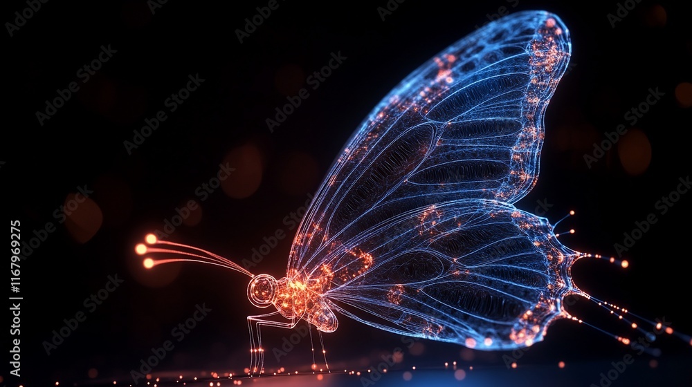 Canvas Prints glowing digital butterfly with intricate details on dark background.