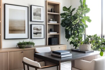 Modern home office interior with wooden furniture, large plant, and artwork.