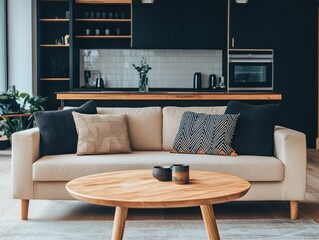 Modern living room interior design with beige sofa, wooden coffee table, and dark kitchen in background.