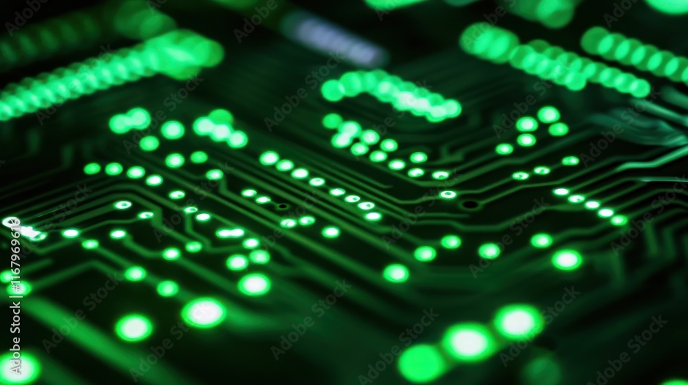 Poster Close-up of a green illuminated circuit board with glowing components.