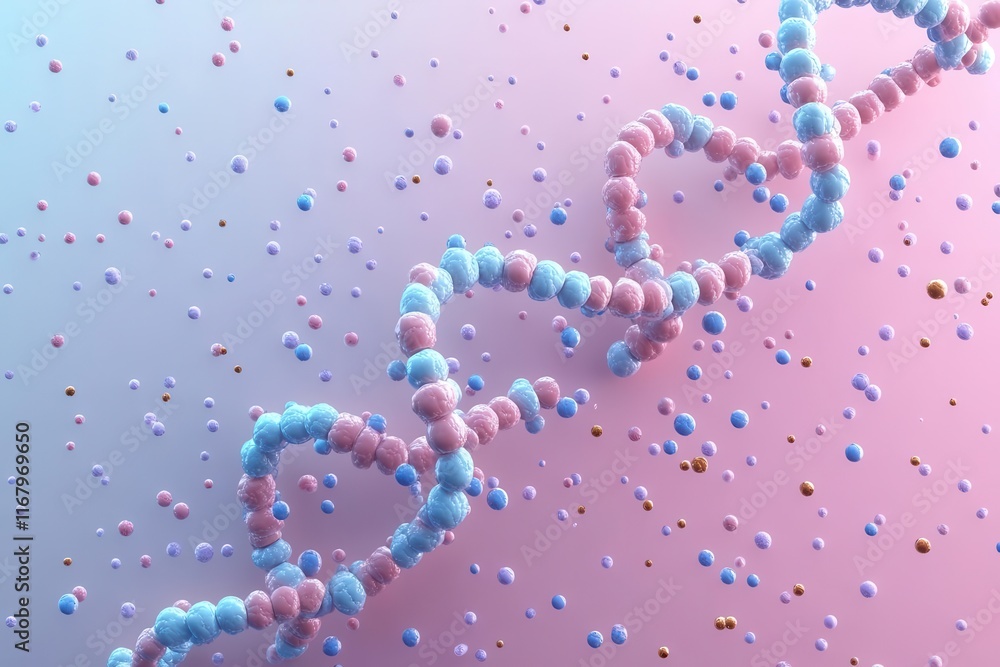 Poster a colorful representation of a dna double helix surrounded by floating particles, illustrating the m