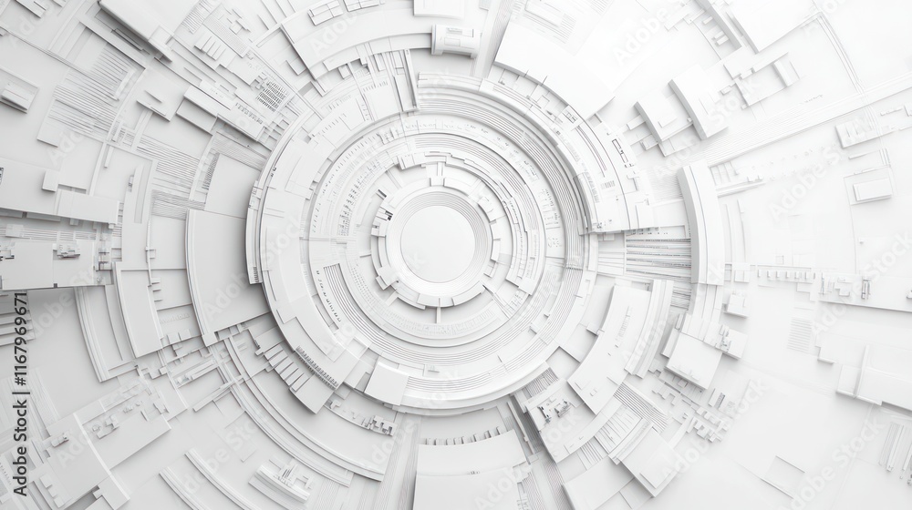 Poster Abstract white circular technological design, futuristic concentric rings and geometric shapes.