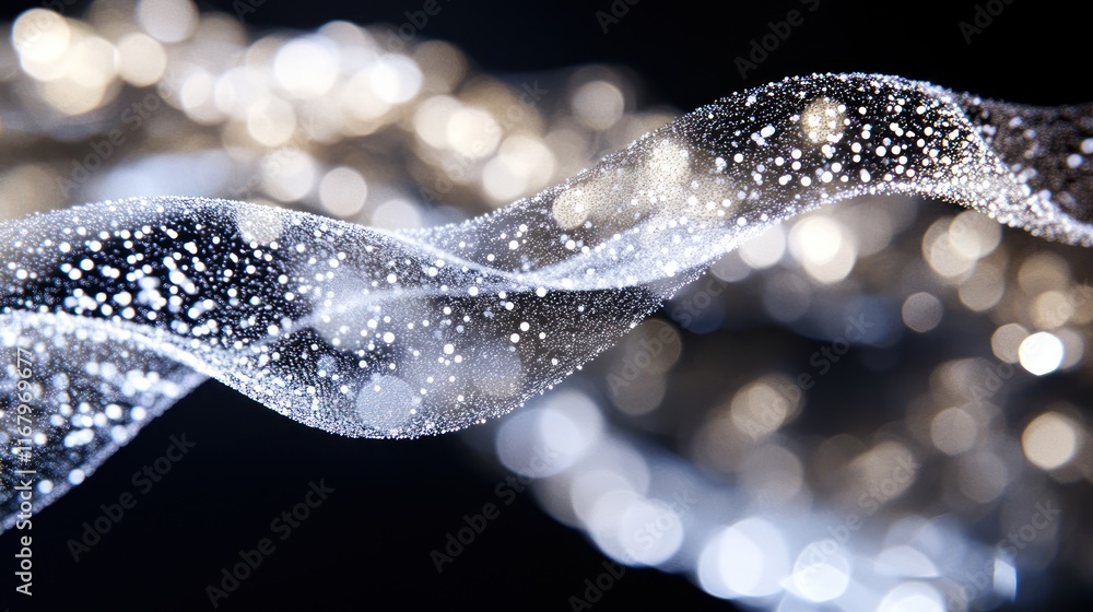 Poster abstract glowing wave with particles and bokeh lights on black background.