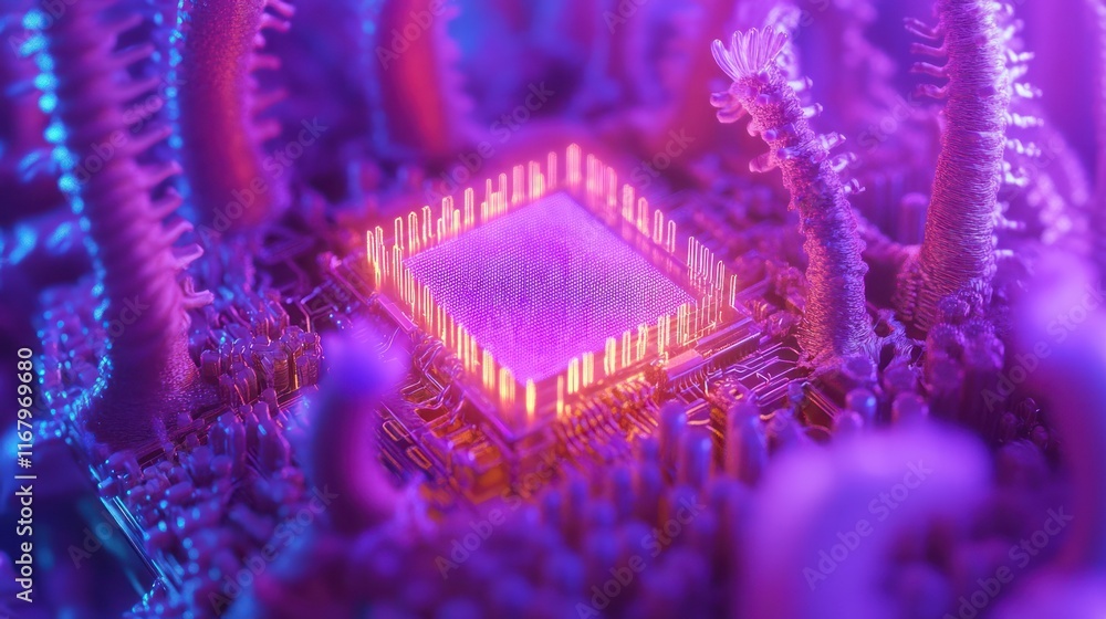 Poster Close-up of a glowing central processing unit surrounded by bioluminescent structures.