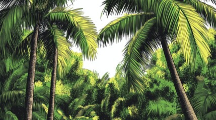 Fototapeta premium 39.A tropical vector background showcasing tall, majestic palm trees surrounded by dense, vibrant tropical foliage. The palm leaves are drawn in fine detail, with various shades of green capturing