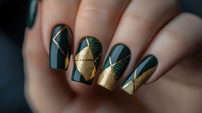 Close-up of manicured nails with dark green and gold geometric designs.