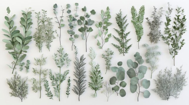 40.A large collection of rustic wedding greenery in a watercolor style, featuring a variety of plants such as eucalyptus, fern, salal leaves, and delicate foliage. The set includes individual stems
