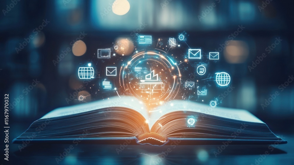 Fototapete open book with glowing digital icons and data emerging, representing knowledge and technology.