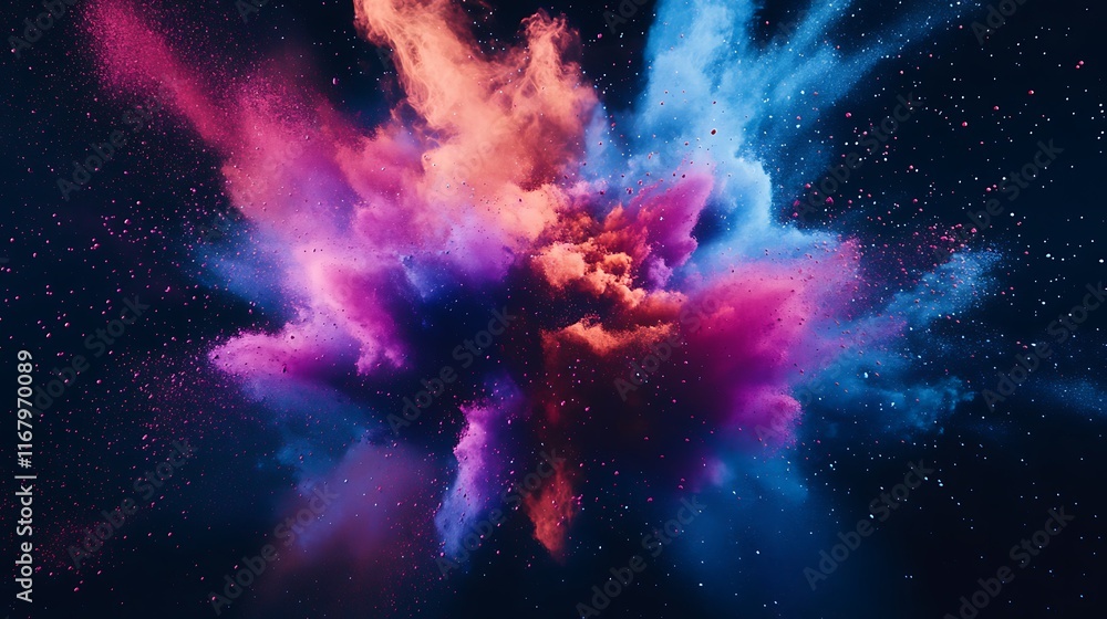 Poster a burst of multicolored abstract swirls and powdery color explosion, generating a captivating and fl