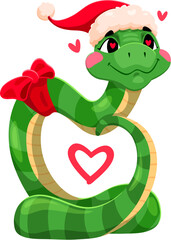 Funny cartoon snake with love hearts, valentine day and Chinese new year character wearing a festive Santa hat and bow. Vector cute green serpent, reptile personage forms a heart shape with its body