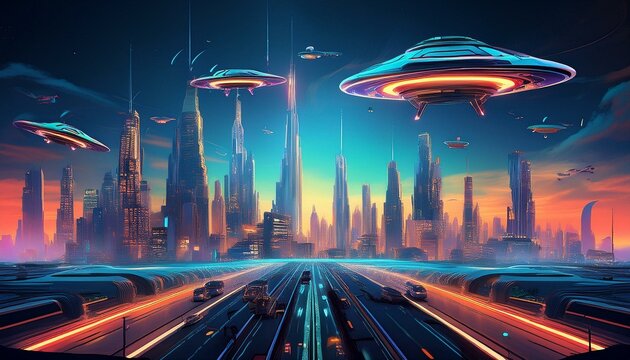 Neon-lit Sci-Fi Metropolis Under Alien Surveillance