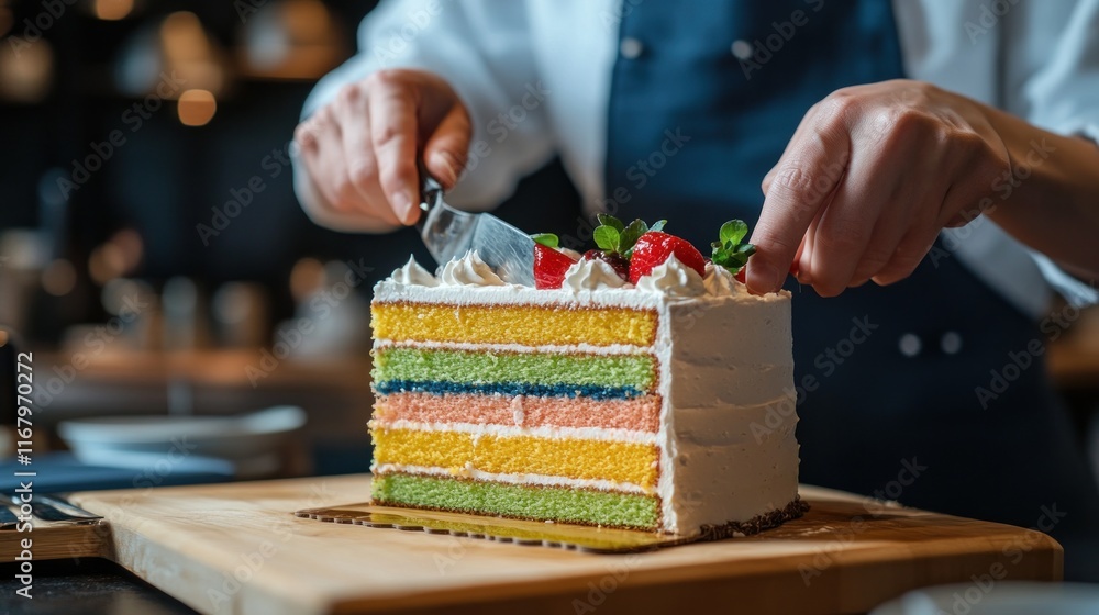 Poster close-up of chef slicing a colorful layered cake decorated with strawberries.