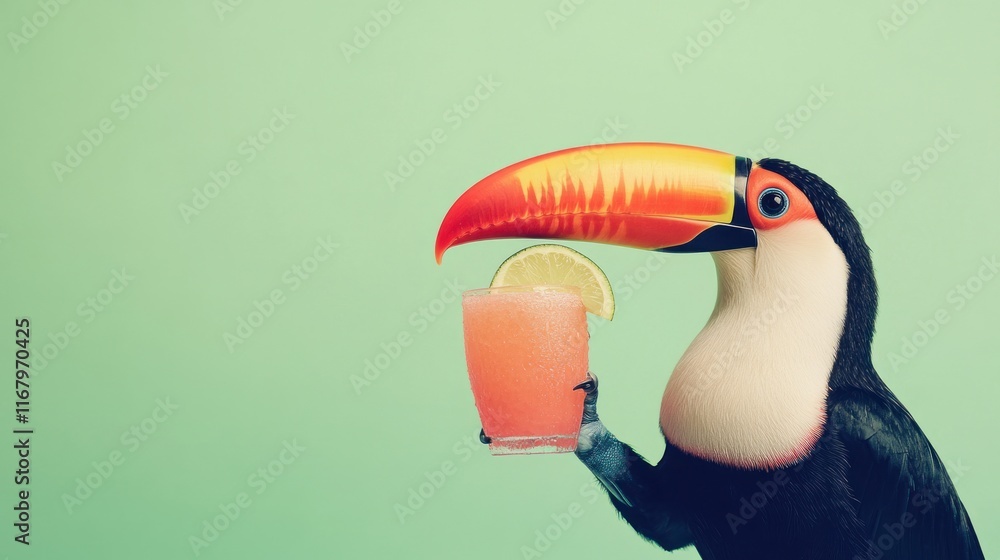 Poster toucan enjoying a refreshing pink drink with lime.