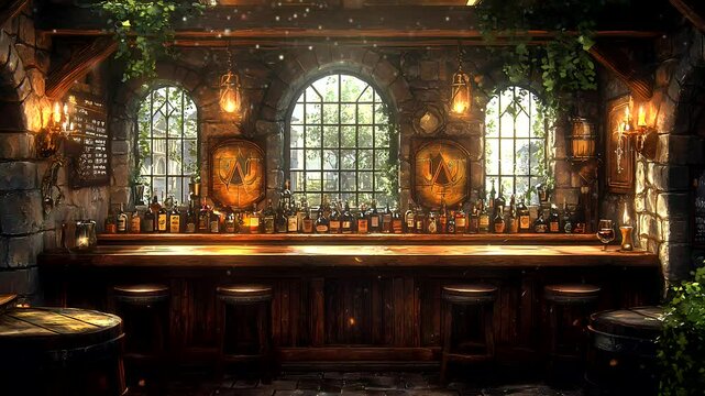 Cozy medieval tavern interior with warm glowing light and rustic stone walls. Seamless looping 4k video background