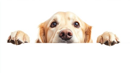 Cute golden retriever dog peeking over white background, paws on edge, looking curious.