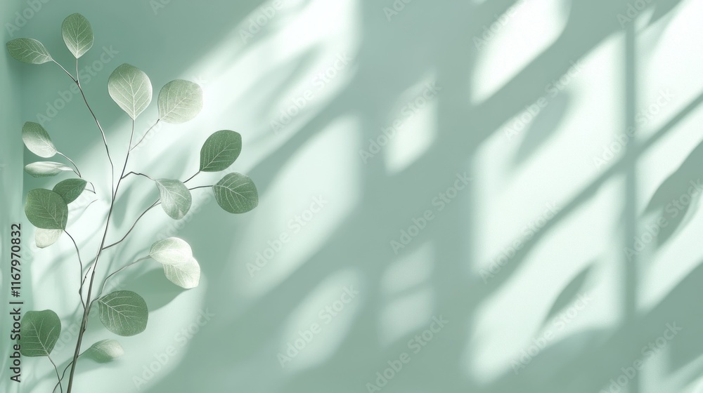 Poster Pale green wall with eucalyptus branch and window shadows.