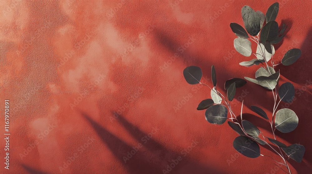 Poster eucalyptus branches with shadows on a red textured background.