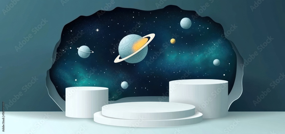 Aufkleber 3d rendering of cosmic scene with planets and white podiums for product display.