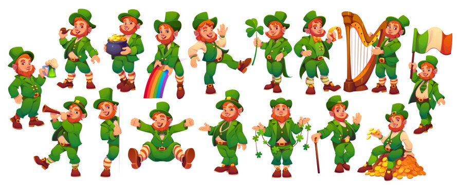 Cartoon Irish leprechaun man characters with beer, rainbow, golden coins and shamrock clover, vector icons. Saint Patrick Day or Ireland holiday leprechaun characters playing harp with green ale beer