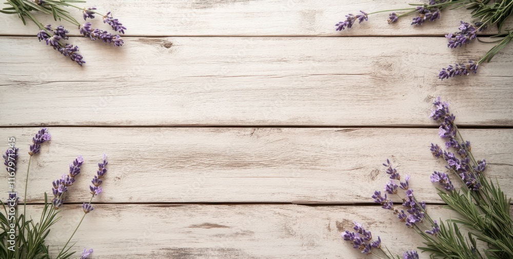 Poster lavender sprigs arranged on rustic white wooden planks, creating a border with a blank space in the 