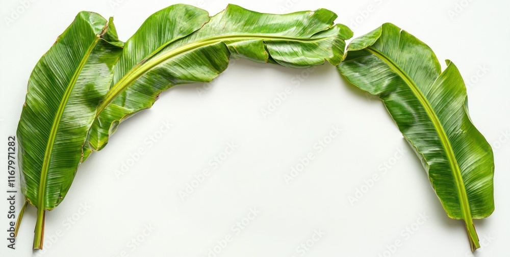 Poster lush green banana leaves arranged in an arch shape on a white background, creating a natural frame.