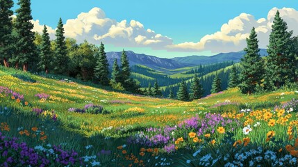 64.A vibrant, playful cartoon landscape with tall pine trees lining a rolling meadow, adorned with colorful wildflowers and green bushes. The scene captures a bright spring day, full of sunshine and