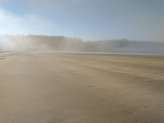 Pachena Bay Beach with misty fog rising off it during the early morning sun rise with golden sunlight illuminating 