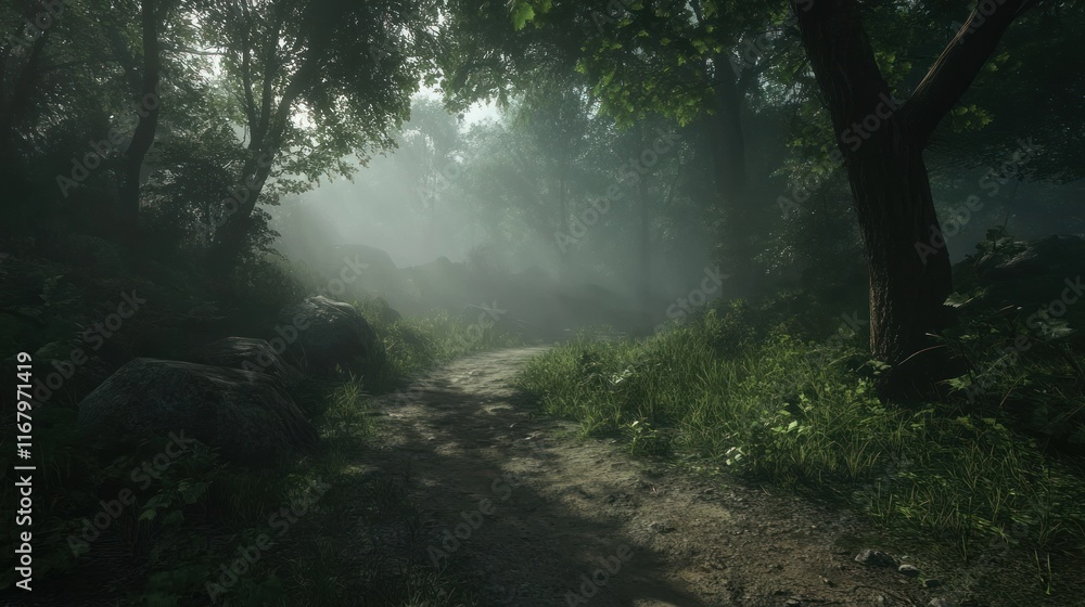 Poster misty forest path winding through lush greenery and sunlight filtering through dense trees.