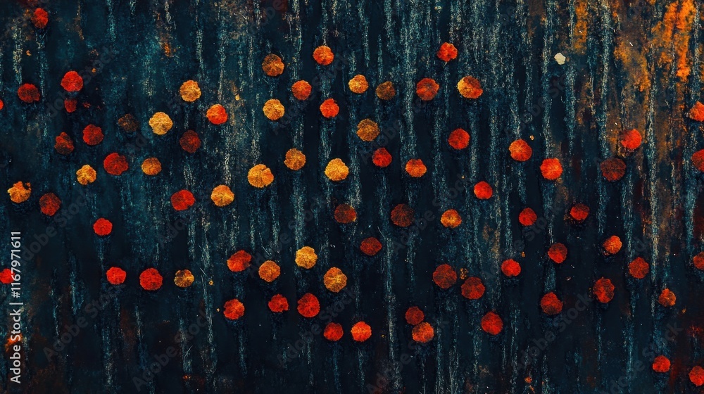 Poster abstract art with red and orange dots on a dark blue background.