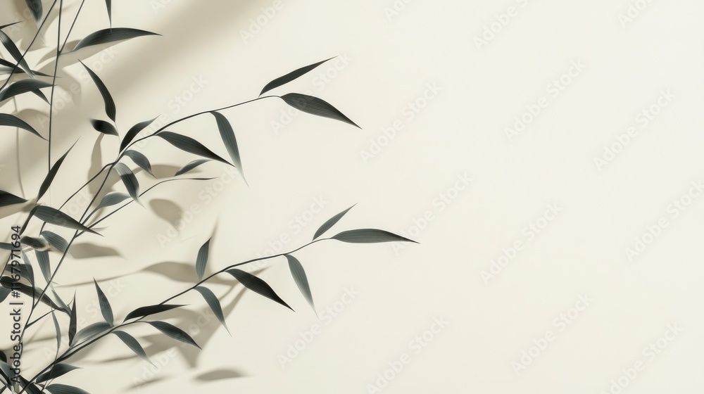 Poster minimalist image of leaves and shadows on a beige background.
