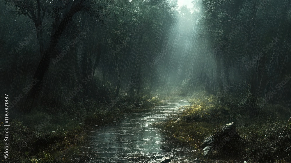 Aufkleber rain-soaked path through a dark, lush forest with sunlight breaking through the canopy.