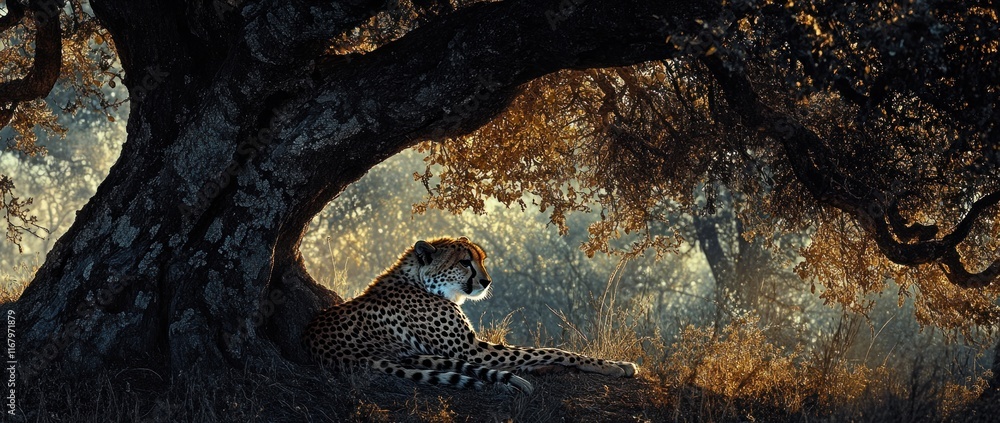 Poster cheetah resting under a large tree in golden sunlight. (2)