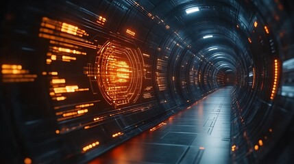 Futuristic spaceship corridor with glowing digital interface.