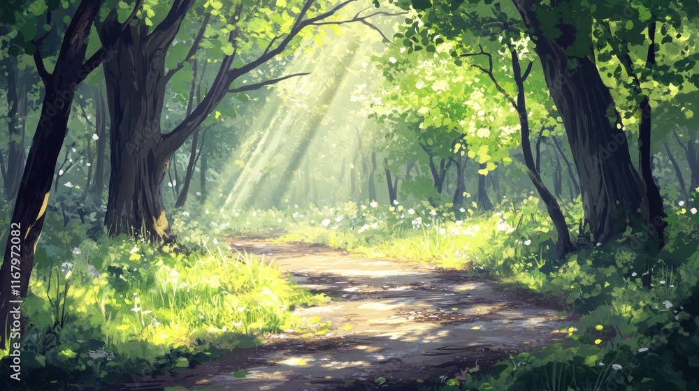 Poster Sunbeams illuminate a path through a lush green forest.