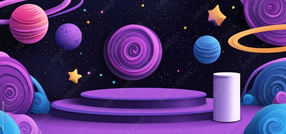 Poster purple platform with planets and stars in space.