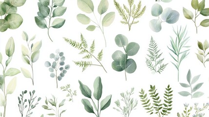 94.A delicate, hand-drawn watercolor seamless pattern featuring various tropical plants such as eucalyptus, palm, and fern branches, along with lush green leaves and herbs. The natural foliage is