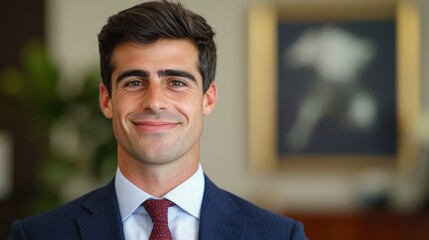 Fototapeta premium Cash management and finance optimization, A confident young man in a suit smiles warmly, set against a blurred professional background with framed art.