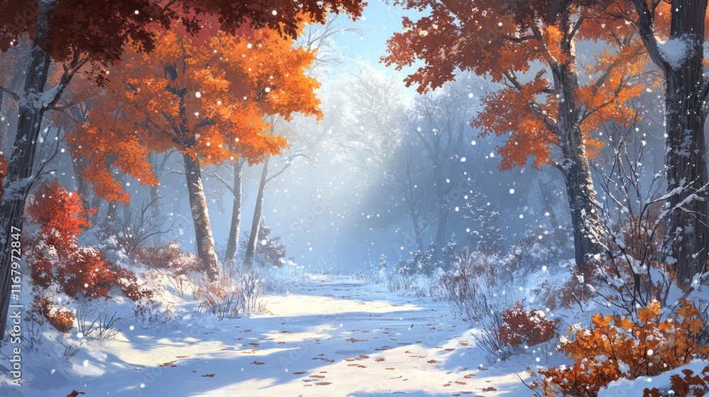 Poster snowy path through autumnal forest.