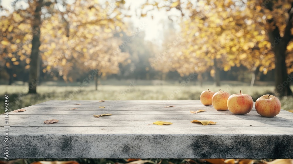 Poster three ripe apples sit on a rustic wooden table in an autumn orchard.