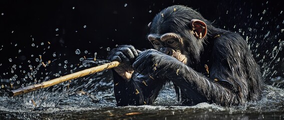 Chimpanzee playing in water, using a stick.