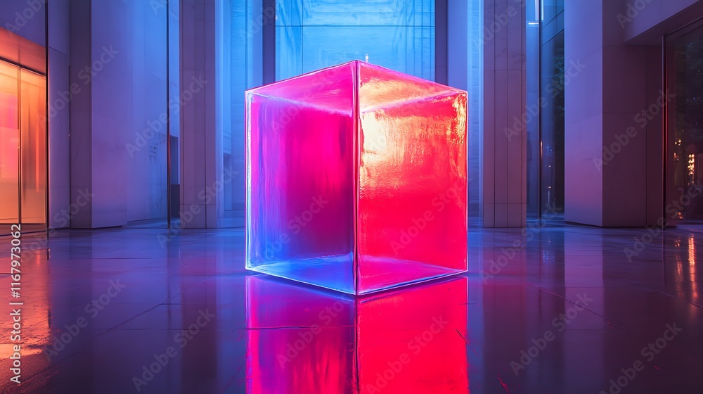 Poster a cube illuminated by red and blue light, casting vibrant reflections and creating a striking contra