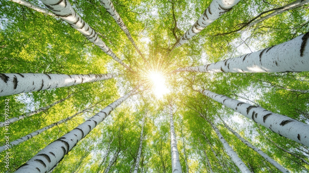 Poster low angle view of birch trees in sunlight.