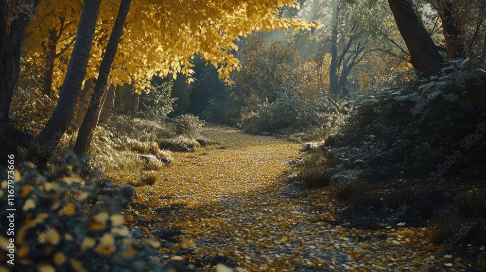 Poster sunlit autumn path through a golden forest with fallen leaves.