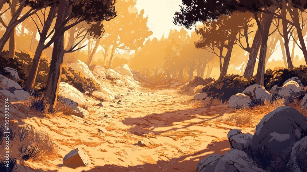 Poster sunlit path through a rocky forest with tall trees and bushes.