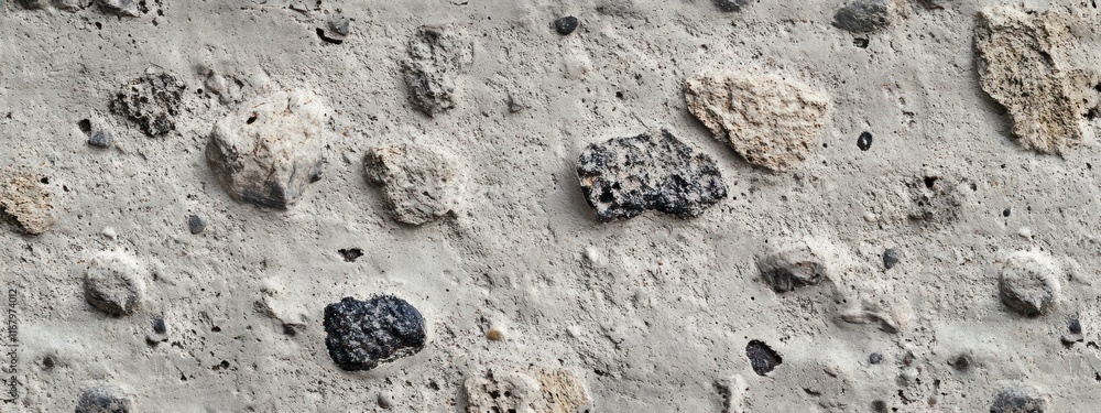 Poster Close-up of a textured stone wall with embedded pebbles and rocks in varying shades of gray and beige.