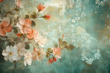 Delicate floral patterns arranged on a vividly textured abstract backdrop, blending light and shadow harmoniously. 